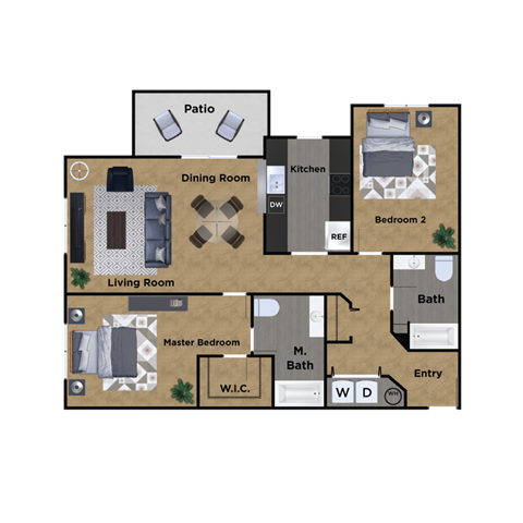 Floor plan for 2 beds, 2 baths, 1126 sqft
